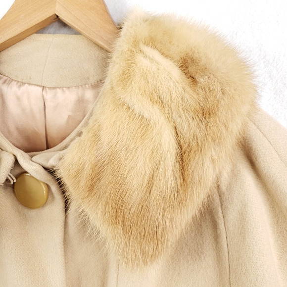Vintage 60s 100% Cashmere Women's Tan Winter Coat Fur Jacket - Picture 4 of 16